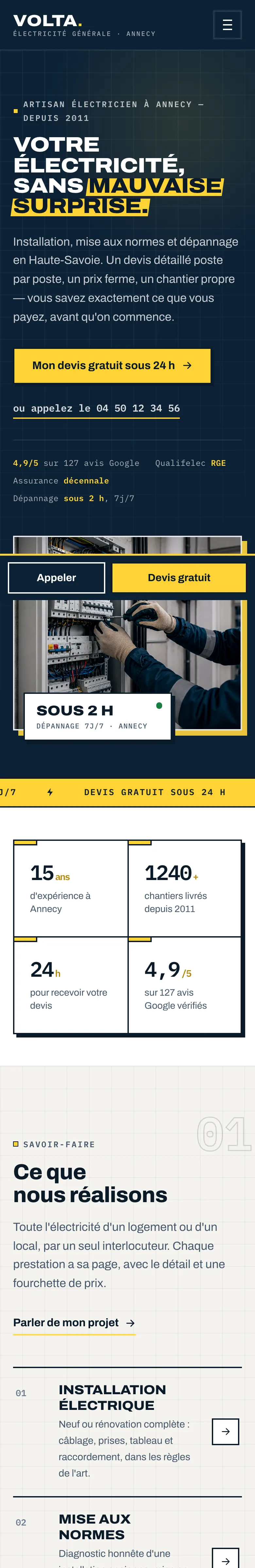 Aperçu du site de démonstration pour un électricien